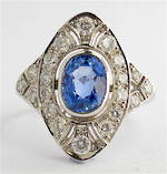 18ct white gold Art Deco style ceylon sapphire and diamond ring