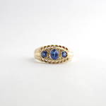 9ct yellow gold three stone ceylon sapphire and diamond ring