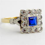 18ct yellow gold & platinum synthetic blue sapphire and white sapphire art deco ring