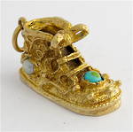 9ct yellow gold boot charm set with seed pearls and turquoise