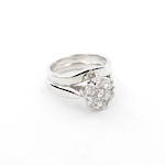 18ct white gold diamond cluster ring and 18ct white gold curved wedding band set